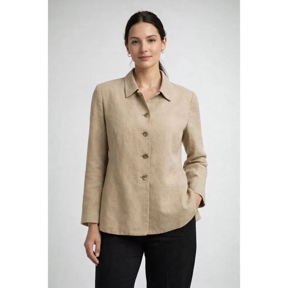 Kasper Petite Linen Blend Blazer Tan Button Front Jacket Womens 14P